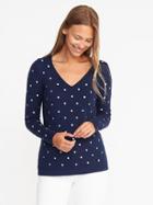 Old Navy Semi Fitted Metallic Dot V Neck Sweater For Women - Navy Dots