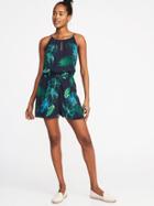 Old Navy Womens Waist-defined Sleeveless Keyhole Romper For Women Navy Palm Print Size L