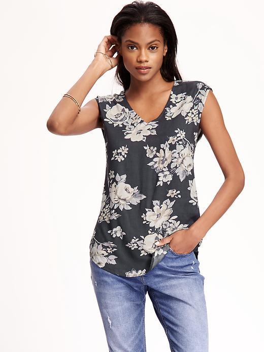 Old Navy Vneck Hi Lo Blouse For Women - Gray Floral Print