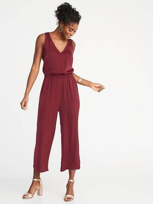 Old Navy Womens Waist-defined Sleeveless Wide-leg Jumpsuit For Women Maroon Jive Size Xs