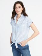 Old Navy Womens Relaxed Tie-front Linen-blend Shirt For Women Blue Stripe Size Xxl