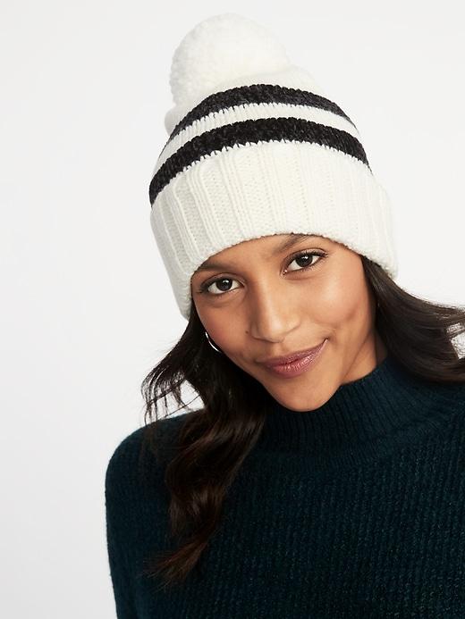 Old Navy Womens Printed Sweater-knit Pom-pom Beanie For Women White Stripe Size One Size