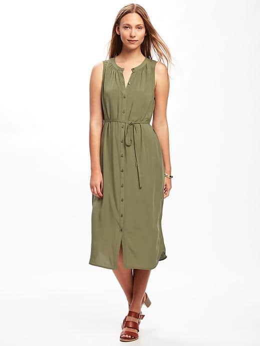 Old Navy Tie Waist Midi Shirt Dress For Women - I Think Olive