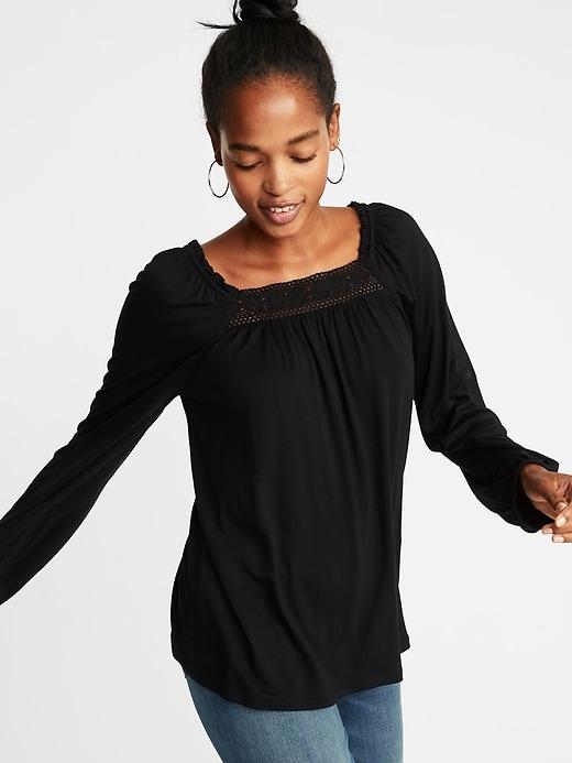 Old Navy Womens Ruffled Lace-yoke Square-neck Blouse For Women Black Size Xs