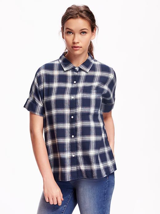 Old Navy Boyfriend Plaid Shirt For Women - Navy Plaid