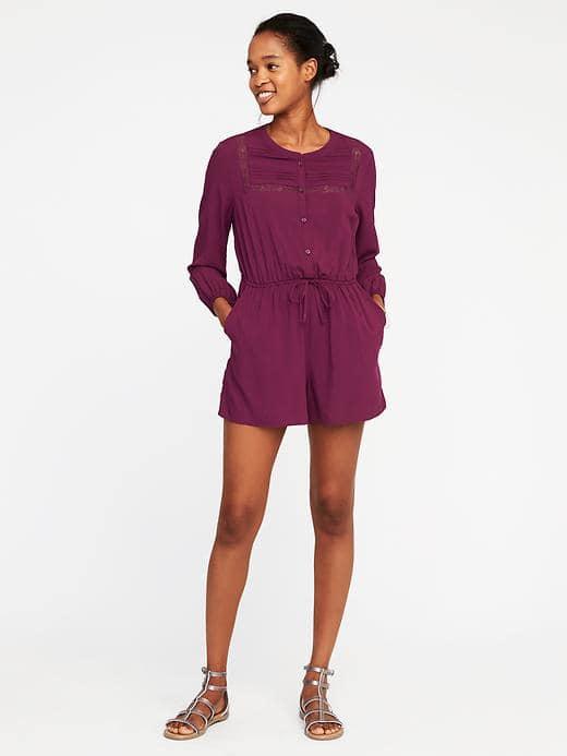Old Navy Cinched Waist Pintuck Romper For Women - Winter Wine