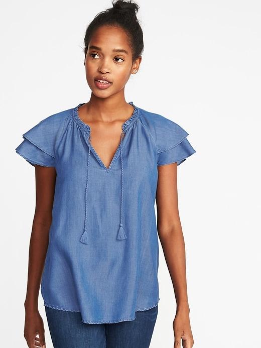 Old Navy Womens Ruffle-sleeve Tassel-tie Tencel Top For Women Medium Wash Size M