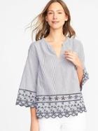 Old Navy Womens Relaxed Bell-sleeve Cutwork Blouse For Women Blue/white Stripe Size Xl