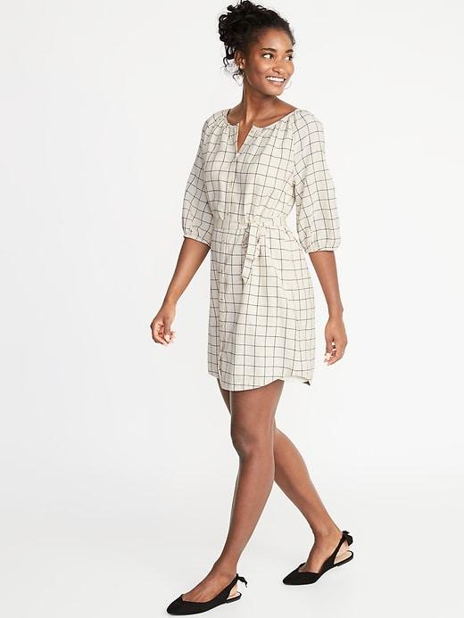 Patterned Tie-belt Shirt Dress For Women