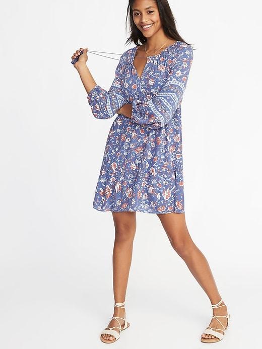 Old Navy Womens Boho Tassel-tie Swing Dress For Women Light Blue Print Size M