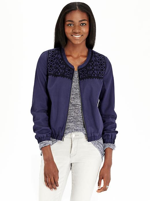 Old Navy Womens Jacquard Patterned Bomber Jackets - Blue Jacquard