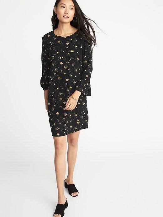 Old Navy Womens Floral-print 3/4-sleeve Shift Dress For Women Black Ditsy Floral Size L