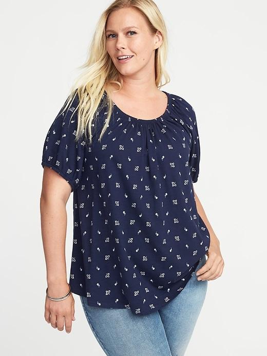 Old Navy Womens Printed Slub-knit Plus-size Bubble-sleeve Top Navy Blue Print Size 1x