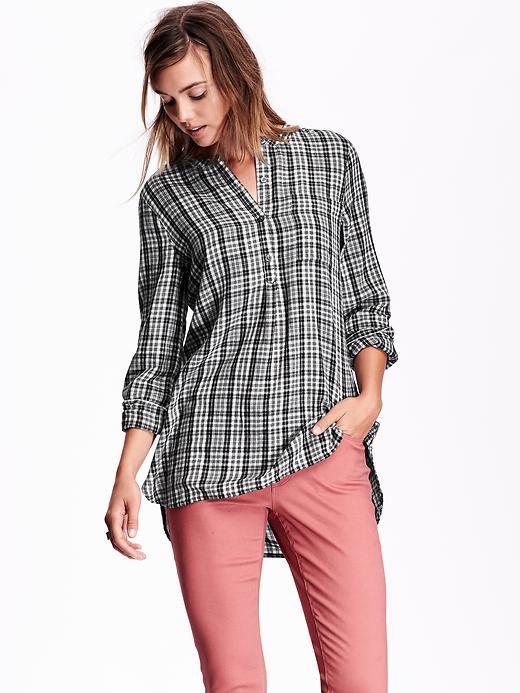 Old Navy Plaid Mandarin Collared Tunic Size M Tall - Gray Plaid