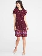 Old Navy Womens High-neck Ruffle-trim Swing Dress For Women Burgundy Floral Size S