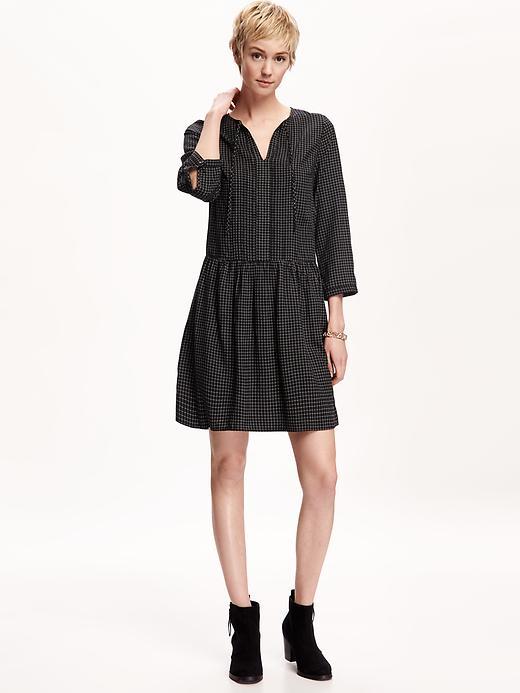 Old Navy Pleated Tie Neck Swing Dress For Women - Black Grid