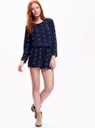 Old Navy Long Sleeve Tie Front Romper - Navy Blue Print