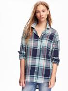 Old Navy Slub Weave Slit Back Boyfriend Shirt For Women - Green/blue Plaid