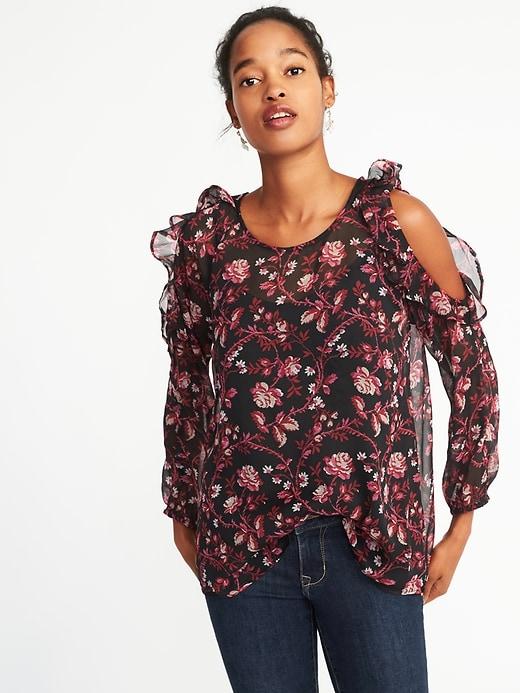 Old Navy Womens Cold-shoulder Ruffle-trim Blouse For Women Black/pink Floral Size S
