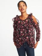 Old Navy Womens Cold-shoulder Ruffle-trim Blouse For Women Black/pink Floral Size S