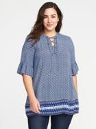 Old Navy Womens Printed Lace-up Neck Plus-size Blouse Danube Blue Print Size 3x