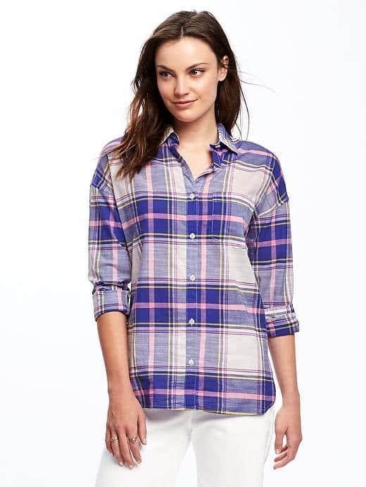 Old Navy Plaid Slub Weave Boyfriend Shirt For Women - Pink Plaid