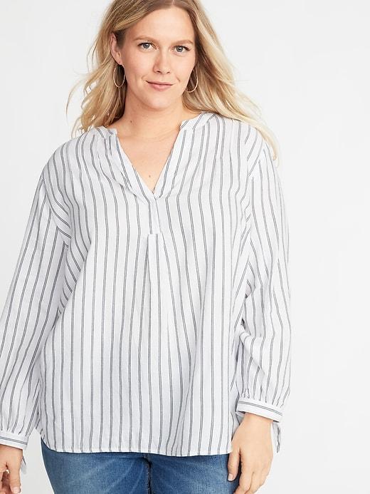 Old Navy Womens Striped Twill Tie-cuff Plus-size Blouse Navy Stripe Size 4x
