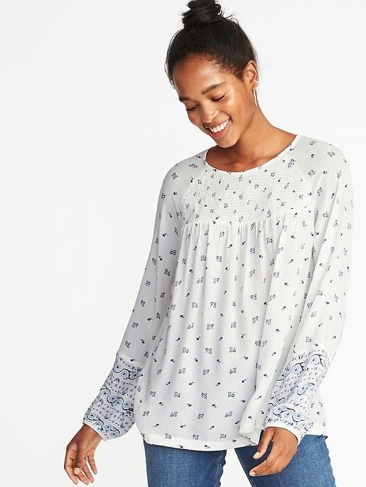 Old Navy Womens Smocked-yoke Printed Swing Blouse For Women White Print Size Xs