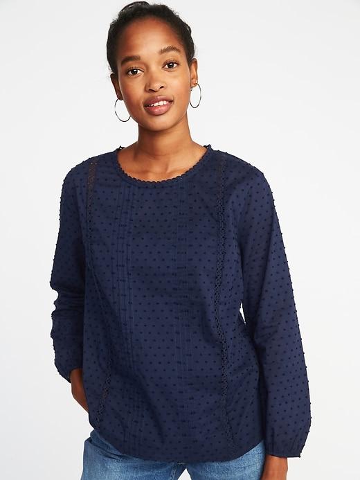 Old Navy Womens Relaxed Clip-dot Lace-trim Blouse For Women Lost At Sea Navy Size Xs