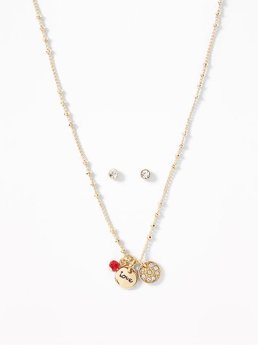 Old Navy  Love  Pendant Necklace & Rhinestone Stud Earrings Set For Women Rose Gold Size One Size