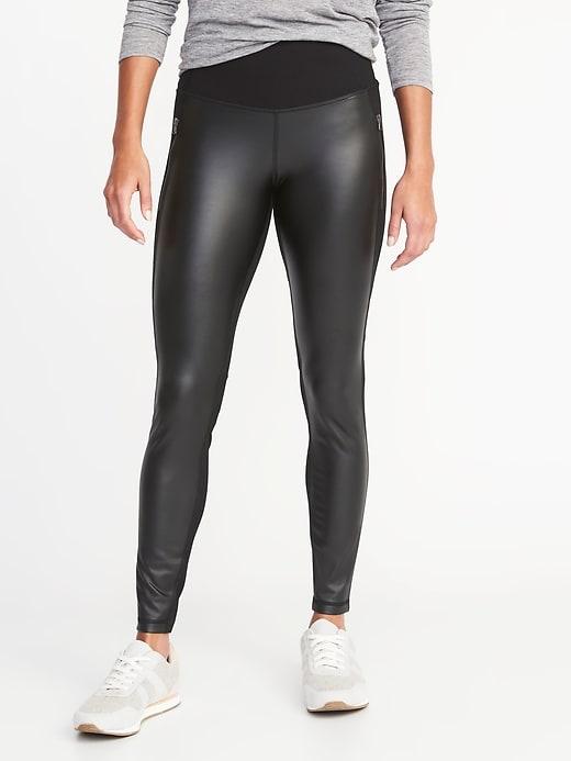 Old Navy Womens High-rise Faux-leather/ponte Zip-pocket Street Leggings For  Women Black Size M