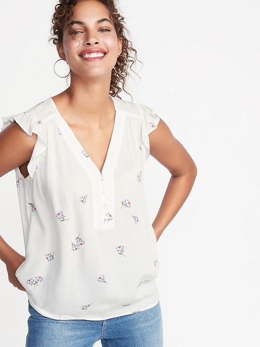 Floral-print Flutter-sleeve Blouse For Women
