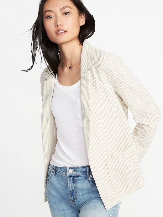 Old Navy Womens Linen-blend Blazer For Women Soft Black Stripe Size Xs