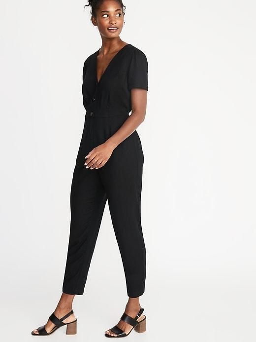 V-neck Button-front Jumpsuit For Women