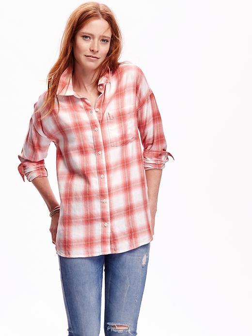 Old Navy Womens Plaid Flannel Boyfriend Shirt Size L Tall - Orange Ombre Stripe