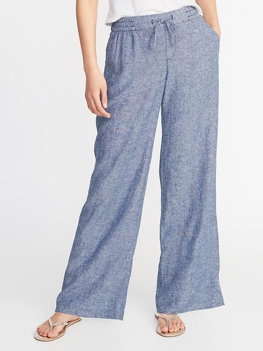 Mid-rise Wide-leg Linen-blend Pants For Women