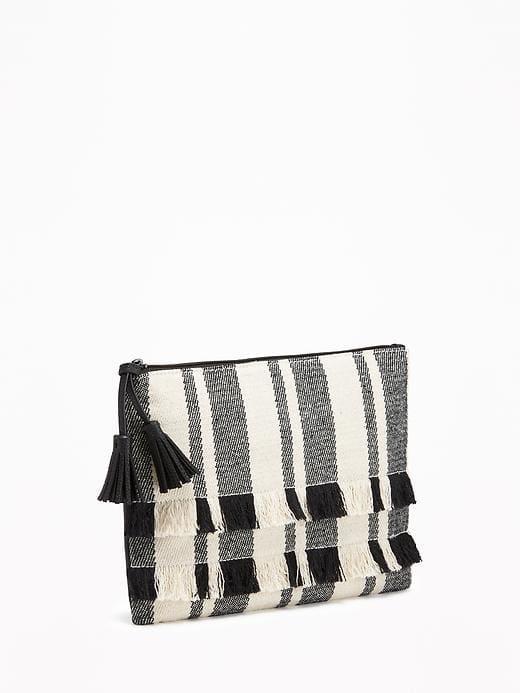 Old Navy Fringed Zip Top Clutch For Women - Black Stripe Color 3