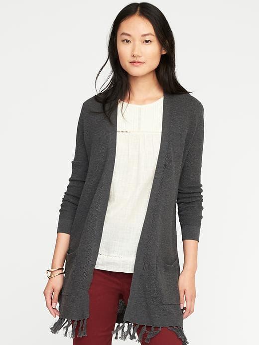 Old Navy Relaxed Open Front Tassel Hem Cardi For Women - Graphite Heather