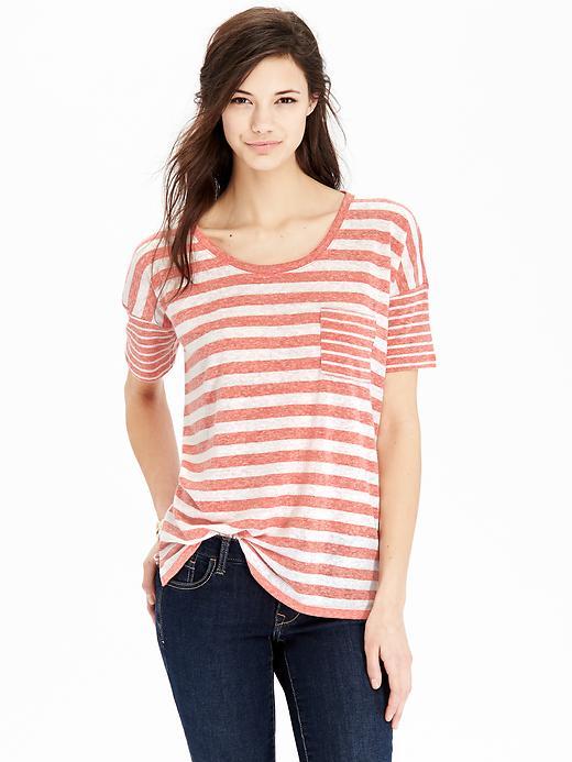 Old Navy Womens Linen Blend Boyfriend Tees Size L Tall - Bright Guava Stripe