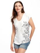 Old Navy Relaxed Linen Blend Curved Hem Tee For Women - White Palm Print