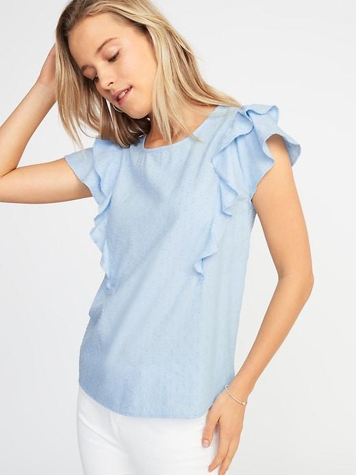 Relaxed Ruffle-trim Textured-dot Top For Women