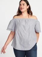 Old Navy Womens Striped Ruffle-sleeve Off-the-shoulder Plus-size Top Blue Stripe Size 2x