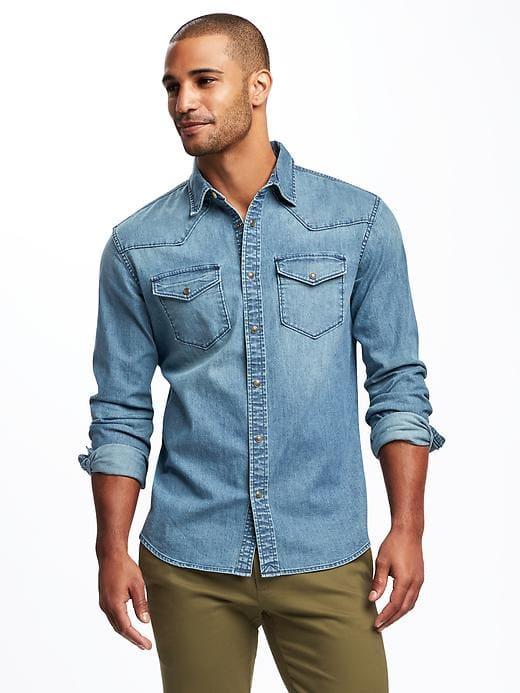 Old Navy Mens Slim-fit Chambray Built-in Flex Western Shirt For Men Light Denim Size L