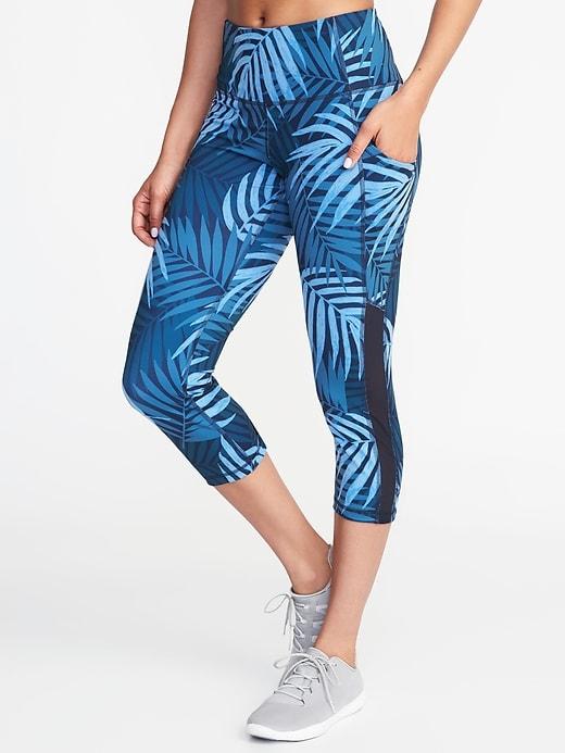 Old Navy Womens High-rise Mesh-trim Compression Crops For Women Blue Palm Size Xxl