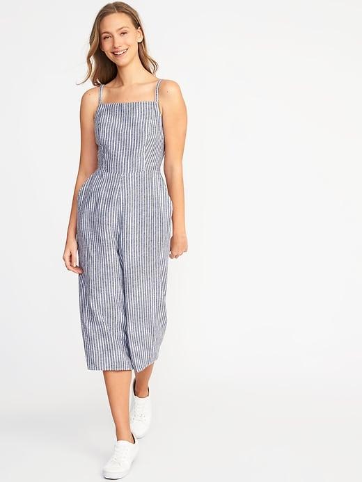 Old Navy Womens Sleeveless Striped Linen-blend Jumpsuit For Women Blue Stripe Size L