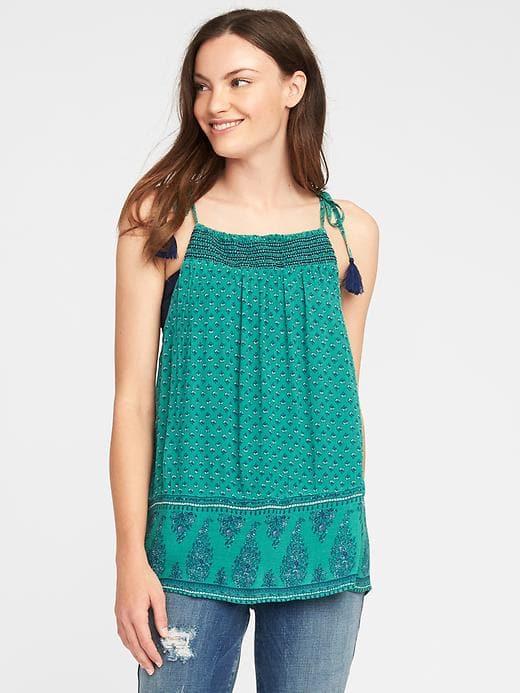 Old Navy Crinkle Gauze Tassel Tie Cami For Women - Green Print