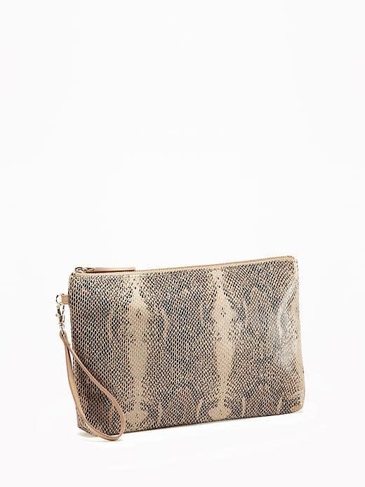 Old Navy Zip Top Clutch For Women - Tan Snake