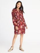 Old Navy Womens Floral-print Pintucked Swing Dress For Women Burgundy Combo Size Xs