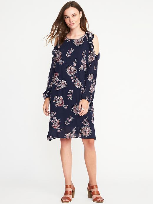 Old Navy Ruffled Cold Shoulder Swing Dress For Women - Large Blue Floral