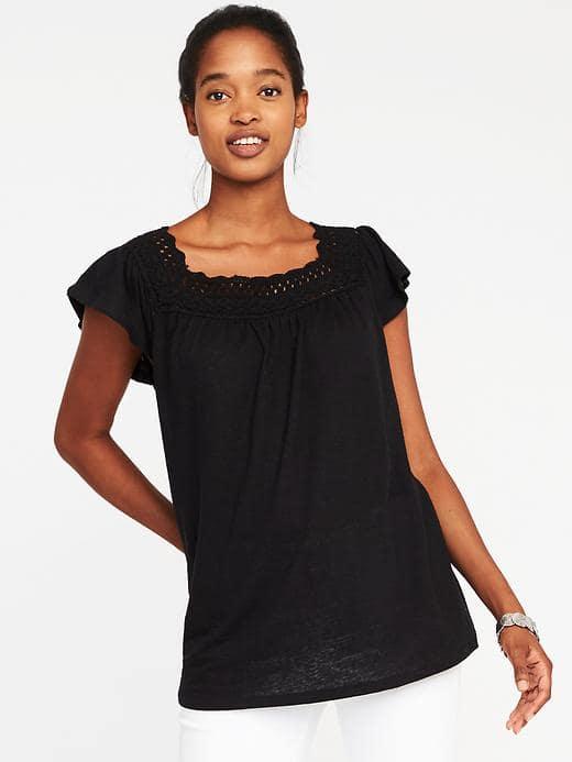 Old Navy Crochet Trim Linen Blend Swing Top For Women - Black